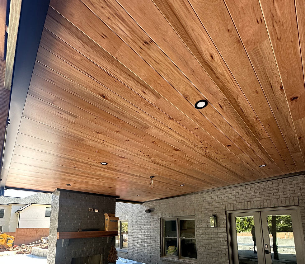 Hickory with Black Gutters Undercover Systems Waterproof Under-Deck Ceiling
