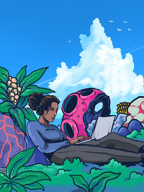 Fantasy lo-fi artwork of Sarah Morgan sitting alone in a secluded paradise, typing on her laptop amid colorful alien flora and bright skies. The scene suggests a breakthrough moment of peace and creativity far from mainland Signi. Her team is nearby, but she’s chosen a quiet corner to work alone. This artwork alludes to a future lore development within the Signiverse without revealing key story events.