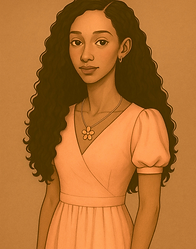 Florélie Dumas – Illustration of Florélie Dumas, a Fantasy Lo-Fi fashion designer with long wavy hair, wearing a peach dress with a gathered waist, posed in a warm pastel background.