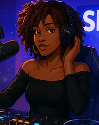 DJ Rhias – Illustration of DJ Rhias, a Fantasy Lo-Fi performer with coiled dark hair, wearing large headphones and an off-shoulder navy top, posed in a softly lit studio scene.