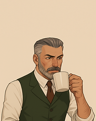Arthur Trench – Illustration of Arthur Trench, a Fantasy Lo-Fi business figure with short cropped hair and a neatly trimmed beard, wearing a white shirt with rolled sleeves, olive vest, and red tie, holding a coffee cup.