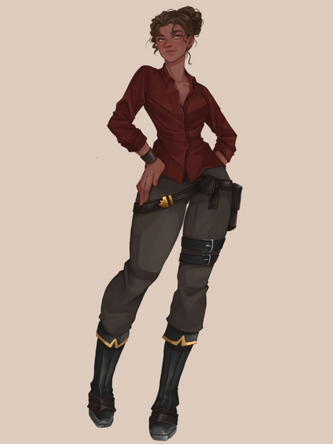 Full-body character illustration of Sarah Morgan, the foundational fantasy lo-fi figure in the Signiverse. She stands confidently in field attire, maroon button-up shirt, black cargo pants, and utility boots, embodying her role as an early-career archaeologist shaped by quiet strength and emotional depth.