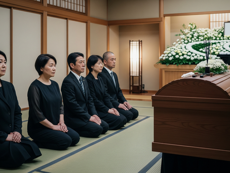 棺の前に座る5人