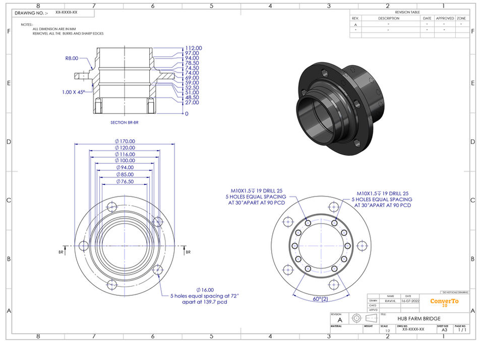 Technical 2D mechanical component drawing of a cylindrical hub frame bridge, showing black dimension lines, Section C-C cutaway profile, dual concentric flanged bolt hole patterns, and a dark gray 3D isometric render,