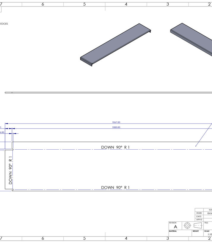 Technical 2D sheet metal flat pattern drawing of a staircase step tread labeled as item 92, displaying blue dimension strings, 90-degree down-bend layout lines, a 5mm material thickness callout, and dual gray 3D isometric folded models, as shown in METAL_STAIRS_SHEETS.jpg.
