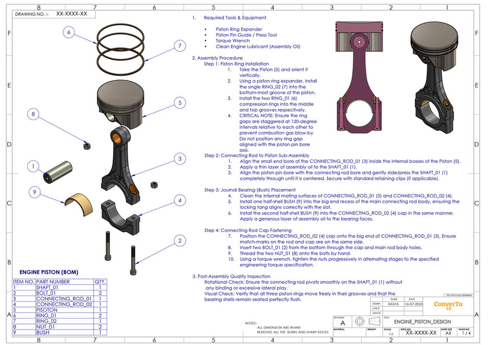 Technical 2D mechanical assembly sheet of an engine piston, showcasing a fully labeled 3D exploded view with balloon callouts, a detailed Bill of Materials table, step-by-step piston ring installation text, and an engineering sheet frame template, as shown in ENGINE_PISTON_DESIGN.jpg.