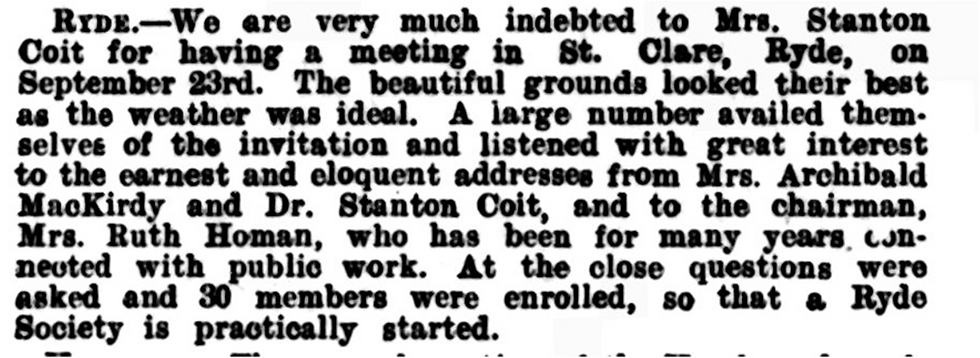 Mrs Stanton Coit’s meeting in Ryde. Source: The Common Cause 3 October 1912