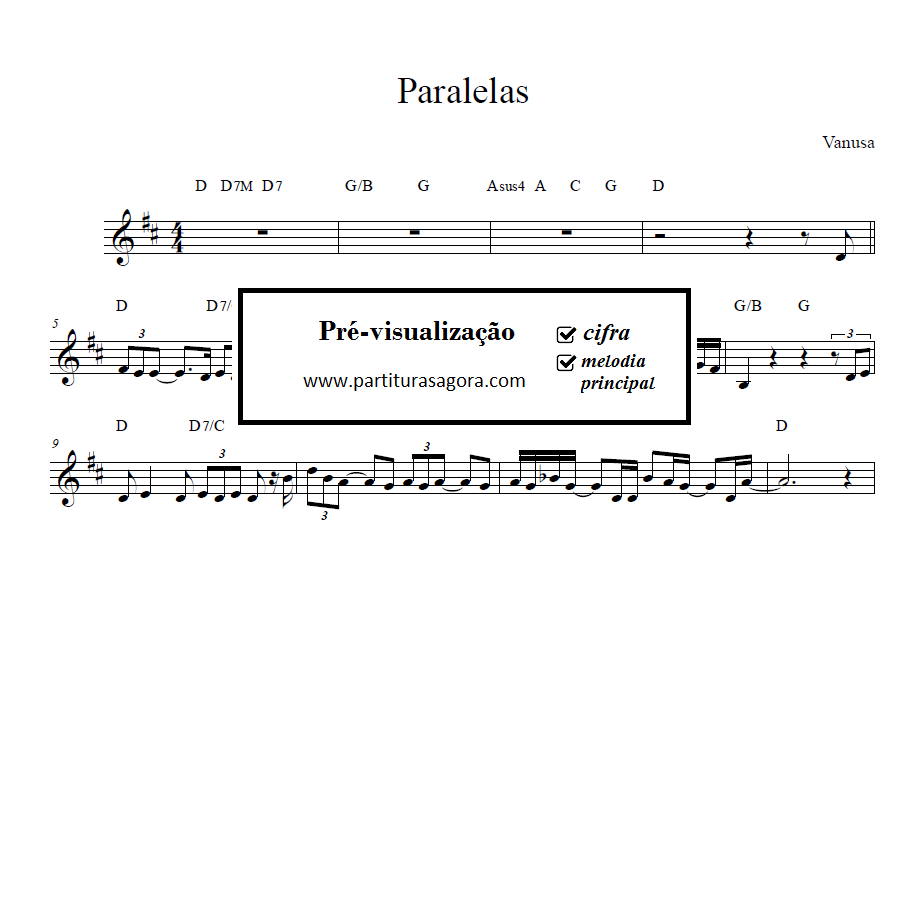 partitura para teclado da musica Paralelas - Vanusa