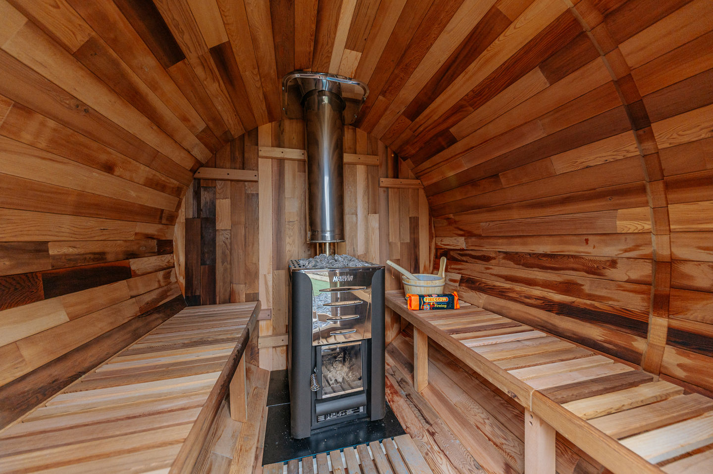 close up view of the wood-fired sauna near Cloud Nine Retreat glamping pod.