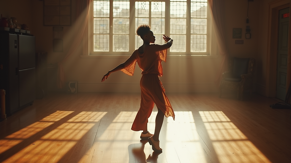 High angle view of a dancer practicing Afrobeat moves in a studio