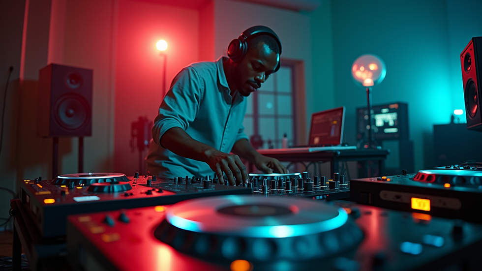 Eye-level view of a DJ mixing afrobeat tracks in a modern studio
