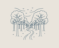 Illustration minimaliste d’un sentier paisible au cœur de la nature, entouré d’arbres, d’un ciel ouvert et d’oiseaux en vol, invitant au calme et à la sérénité