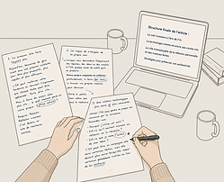 Illustration minimaliste d’une personne écrivant à la main tout en utilisant l’intelligence artificielle pour organiser ses idées dans un espace de travail calme