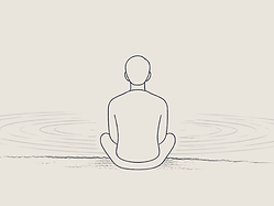 Minimalist illustration of a person sitting peacefully beside a lake and observing gentle ripples on the water