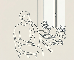 Illustration minimaliste d’une personne travaillant calmement avec l’intelligence artificielle dans un espace apaisant avec ordinateur, carnet, tasse de café et plantes