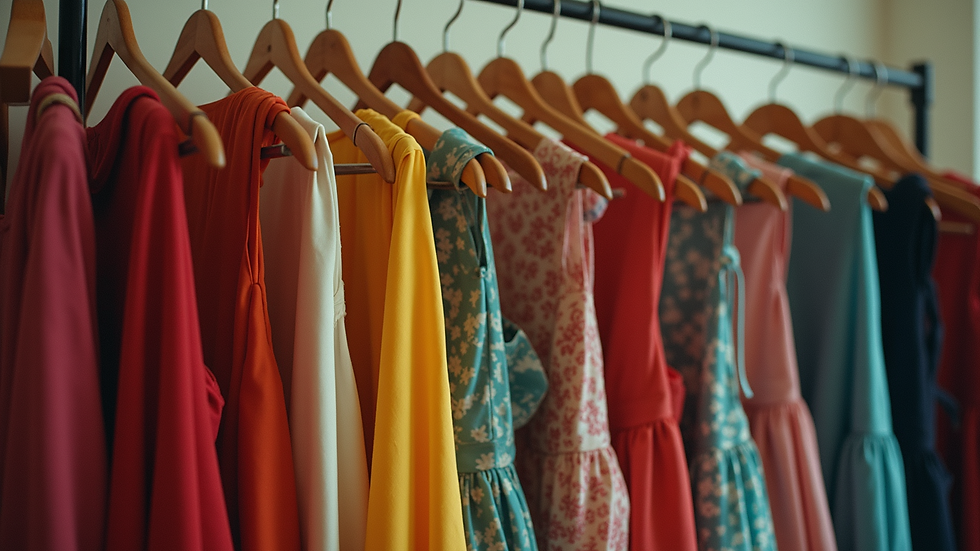 Eye-level view of a vintage clothing rack filled with colorful dresses
