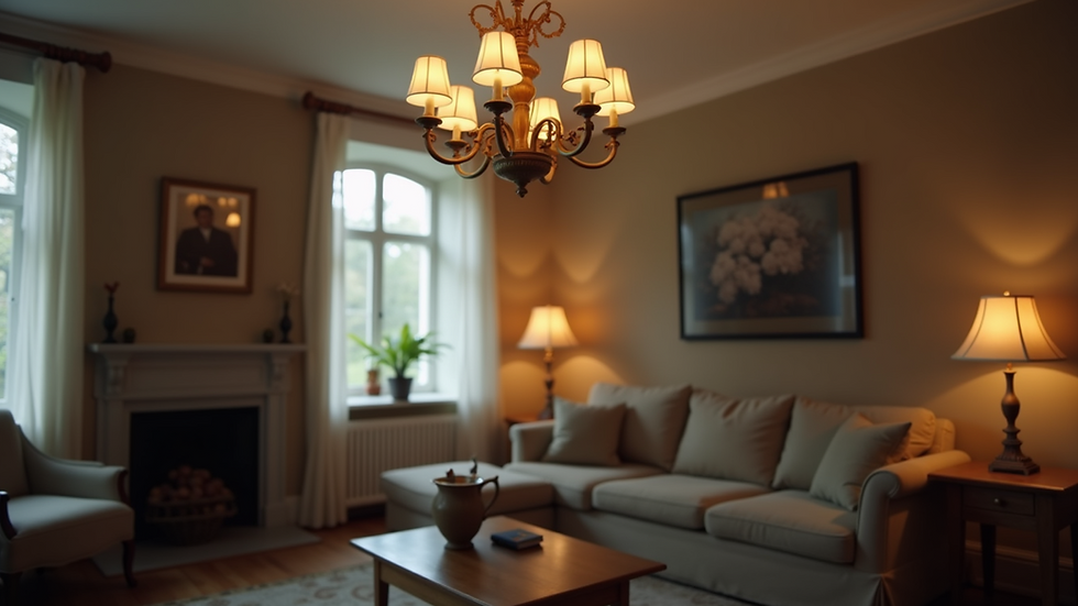 Eye-level view of a vintage chandelier hanging in a cozy living room