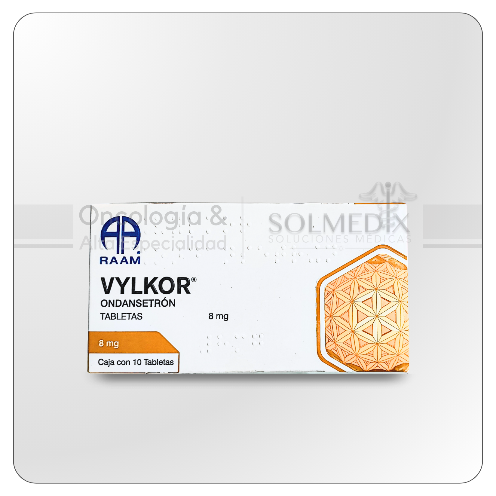 Ondansetron de 8mg, Caja con 10 Tabletas . Nombre Vylkor. Laboratorio RAAM.