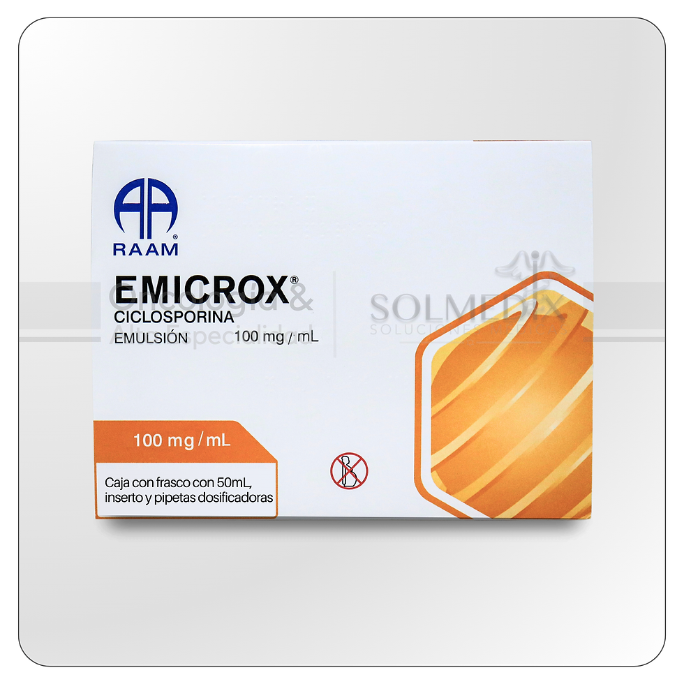 Medicamento Ciclosporina Emuslión 100mg/mL Emicrox. Caja con frasco con 50mL. Laboratorio RAAM.