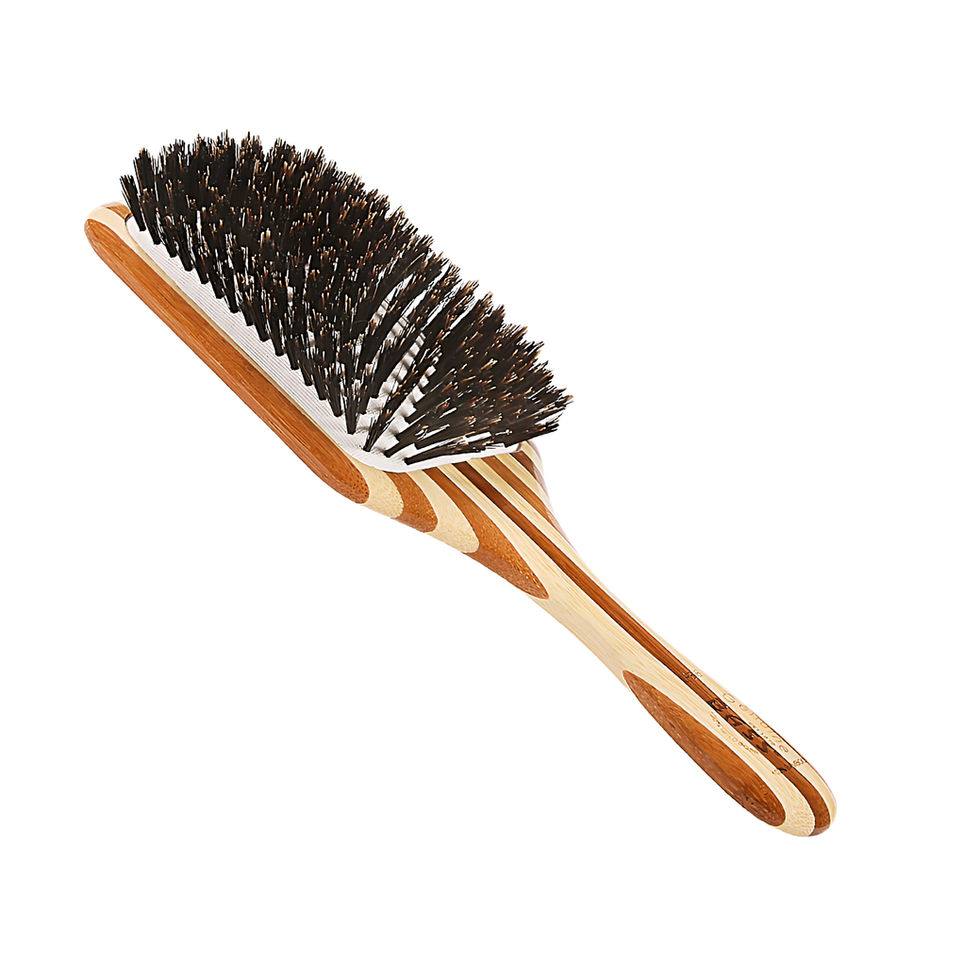 Bass Brushes Shine & Condition Hairbrush Boar Bristles FIRM Pure Natural Bamboo Handle Large Paddle Striped