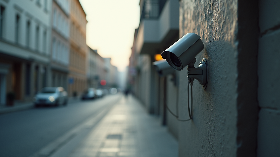 Vista a nivel de calle de una cerca metálica alta con cámaras de seguridad instaladas