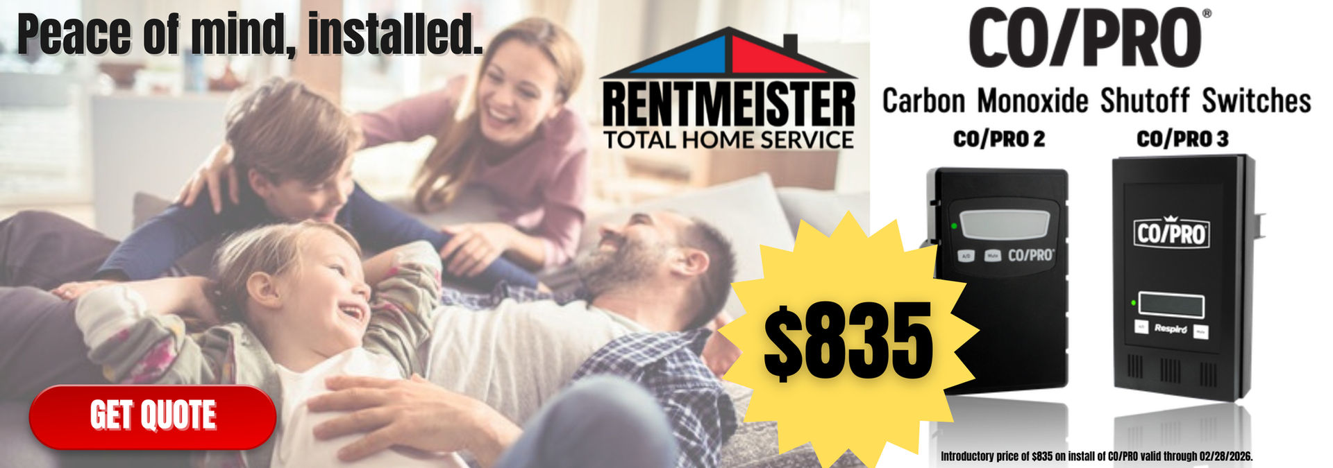 A family laughing on the couch with an ad for introductory pricing on the CO/PRO shutoff switch