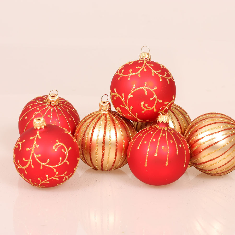 Miniaturebillede: Glas kugle Rød med dråber i guld  Ø :7 cm 4 stk. i æske