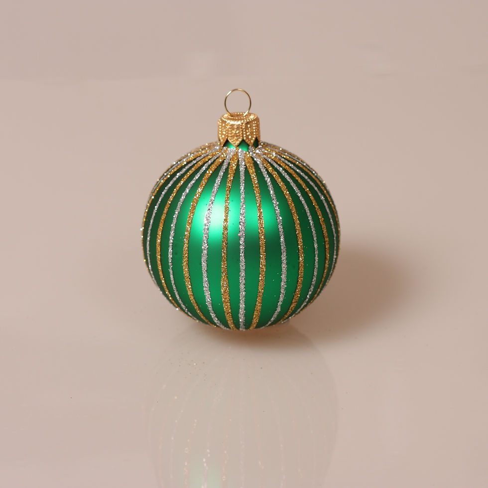 Miniaturebillede: Glaskugle mat grøn med bolsje striber    7 Cm. 4 Stk.