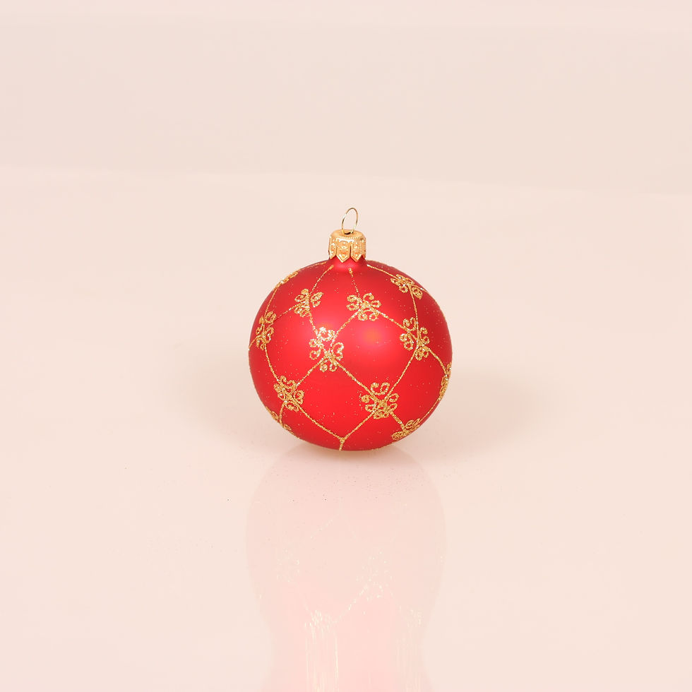 Glas kugle rød med ranker i guld 7 cm, 4 stk. æske