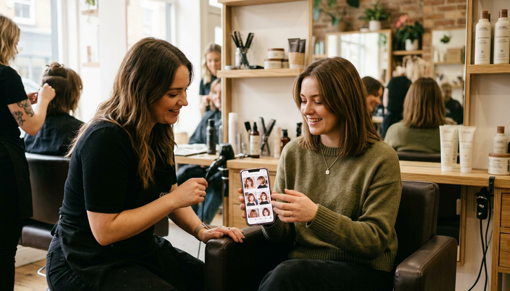 Eye-level view of a client showing haircut inspiration photos to a stylist in a calm salon chair