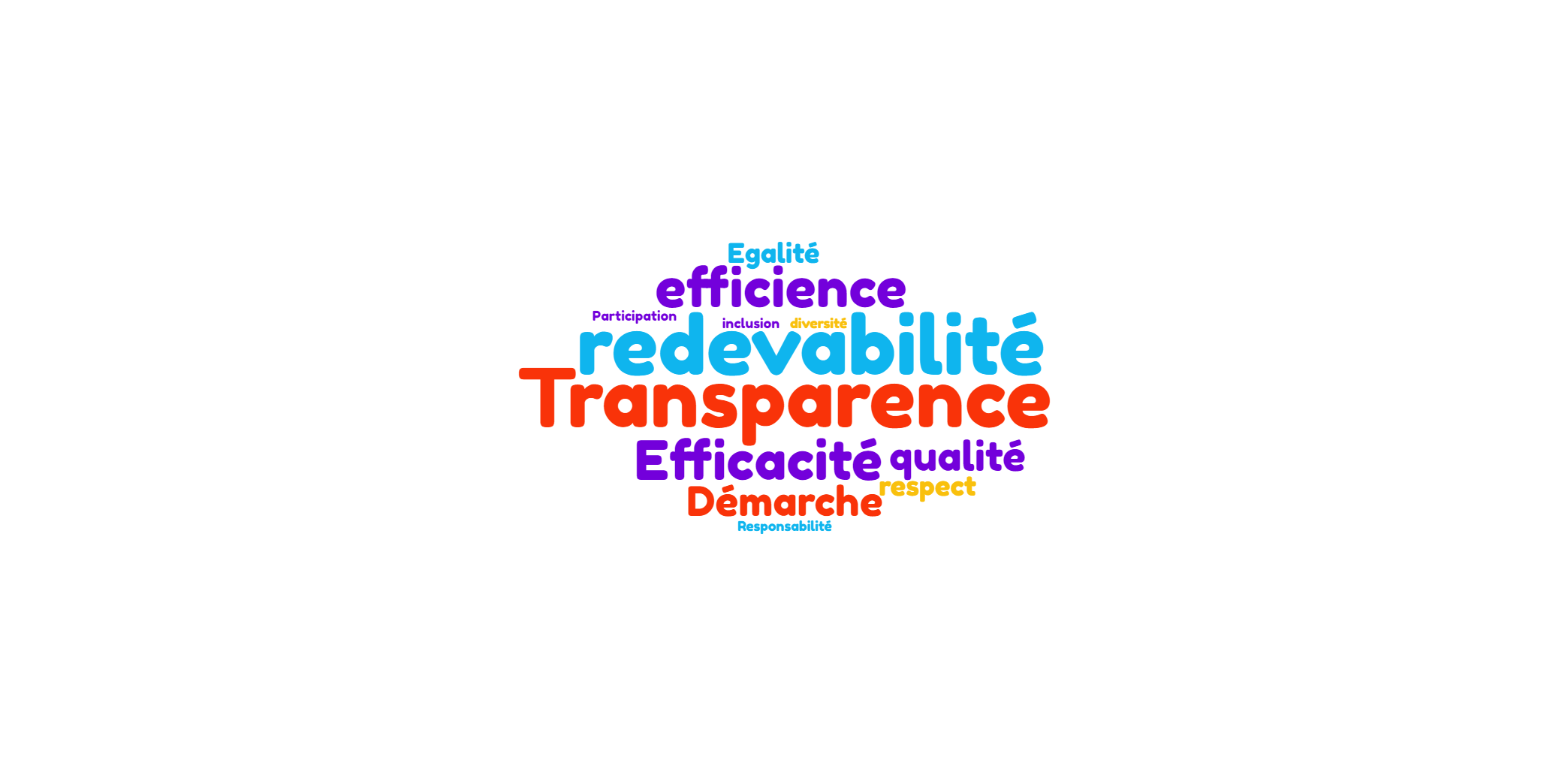 Nos Principes : Transparence, Redevabilité, Efficience, Efficacité, Qualité, Respect, Démarche, Responsabilité, Participation, Inclusion, Diversité, Egalité