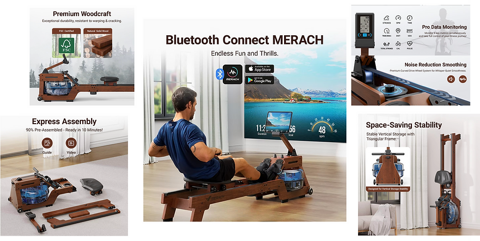 merach water rower app connectivity wood frame premium rowing machine