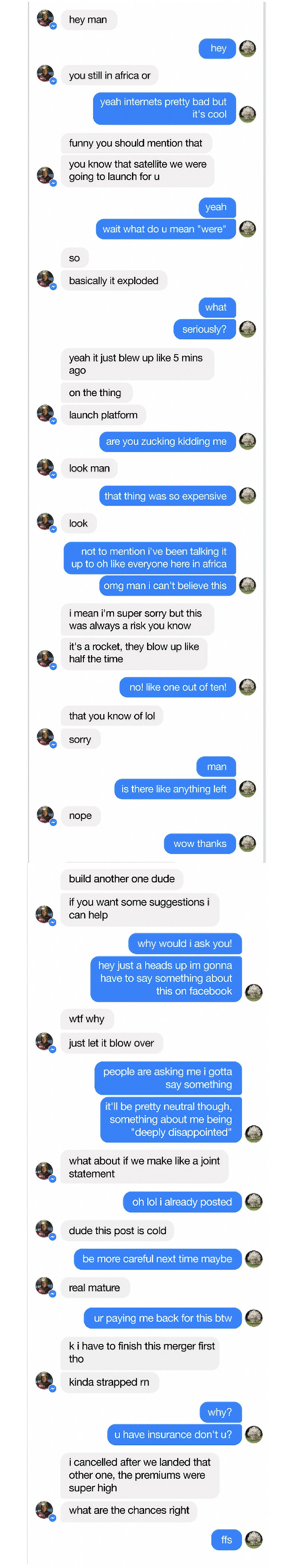 musk zuck chat about satellite explosion