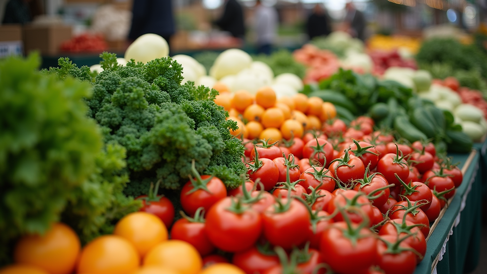 Eye-level view of fresh vegetables at a local market in Chichester