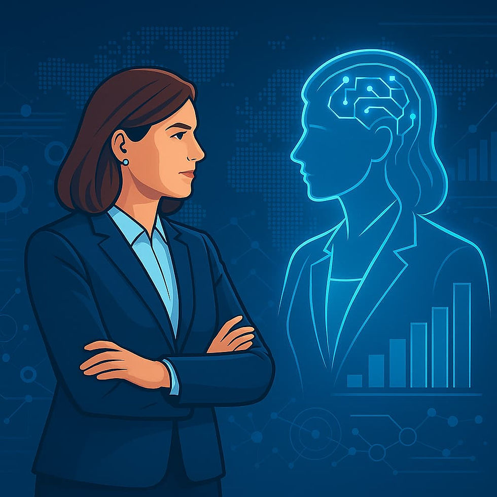 Ejecutiva profesional observando un holograma con inteligencia artificial y métricas de liderazgo, simbolizando la detección de líderes visionarios para la nueva era digital con el apoyo de ATLB Group y Lucas5 en México 2025.