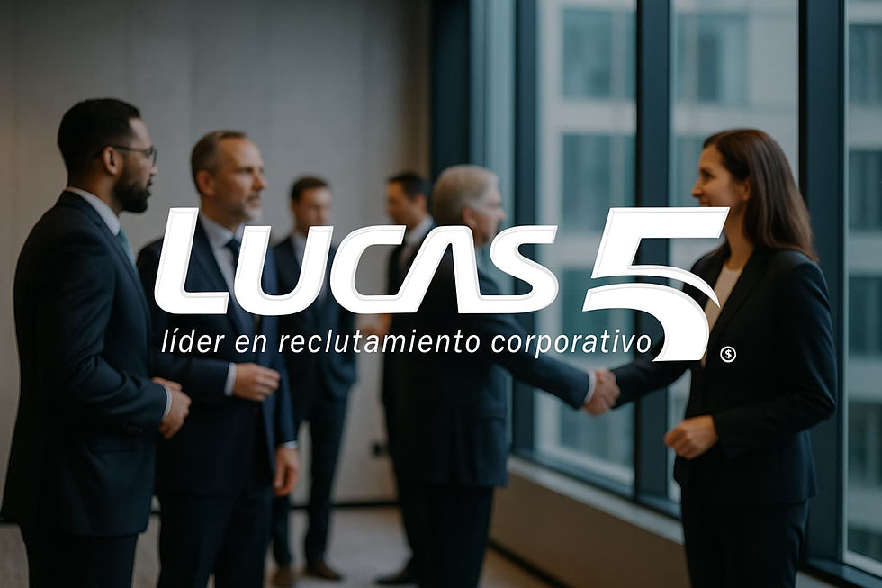Logo de Lucas5 sobre un entorno corporativo con ejecutivos y headhunters en oficinas modernas, representando más de 25 años de liderazgo en reclutamiento ejecutivo y corporativo en México.