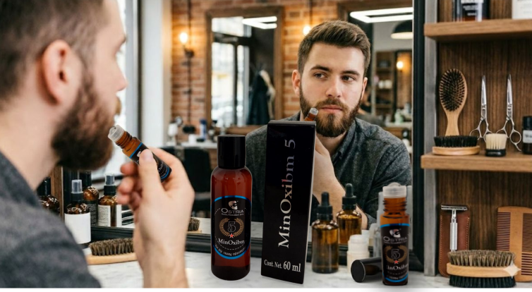 Caballero usando roll-on MinOxibm 5 para crecimiento de barba en barbería profesional, tratamiento con minoxidil y bergamota.