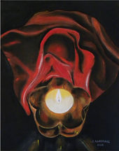 Burning Red pastel painting by Lamprakis depicting a glowing candle inside a glass vessel with flowing red fabric, rich in movement and intensity, evoking dramatic expression in the spirit of El Greco, figurative artwork from Crete, pastel painting, ready to hang, glass protected