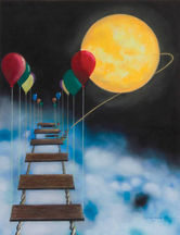 Moon Bridge III pastel painting by Lamprakis depicting a delicate bridge to a glowing moon, held aloft by small balloons, airy and magical figurative artwork celebrating imagination and wonder, from Crete, pastel painting, ready to hang, glass protected. Also on Saatchi.