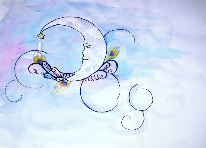 Crescent Moon with Peacock Feathers