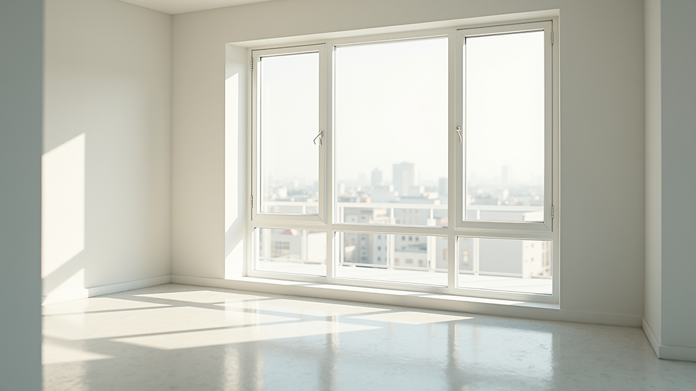 High angle view of a bright and airy room with large windows