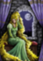 Rapunzel in her tower, looking sad