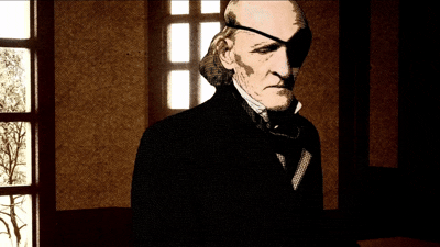 Animated man with an eye patch talking to someone