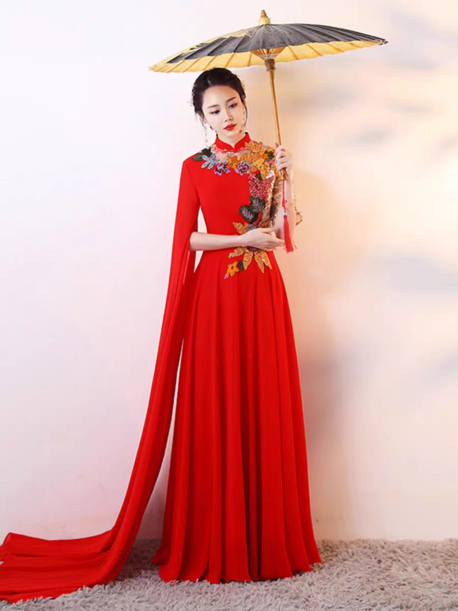 Thumbnail: 11331Red Song Choir Performance Dress – Chinese Style Slim-Fit Long Gown for Guz