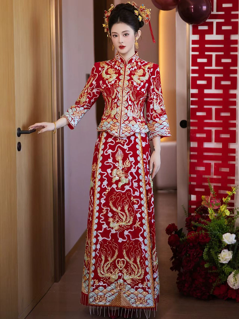 Thumbnail: 66047 Velvet Dragon & Phoenix Gown (Xiufu) | Chinese Bridal Wedding Dress for th