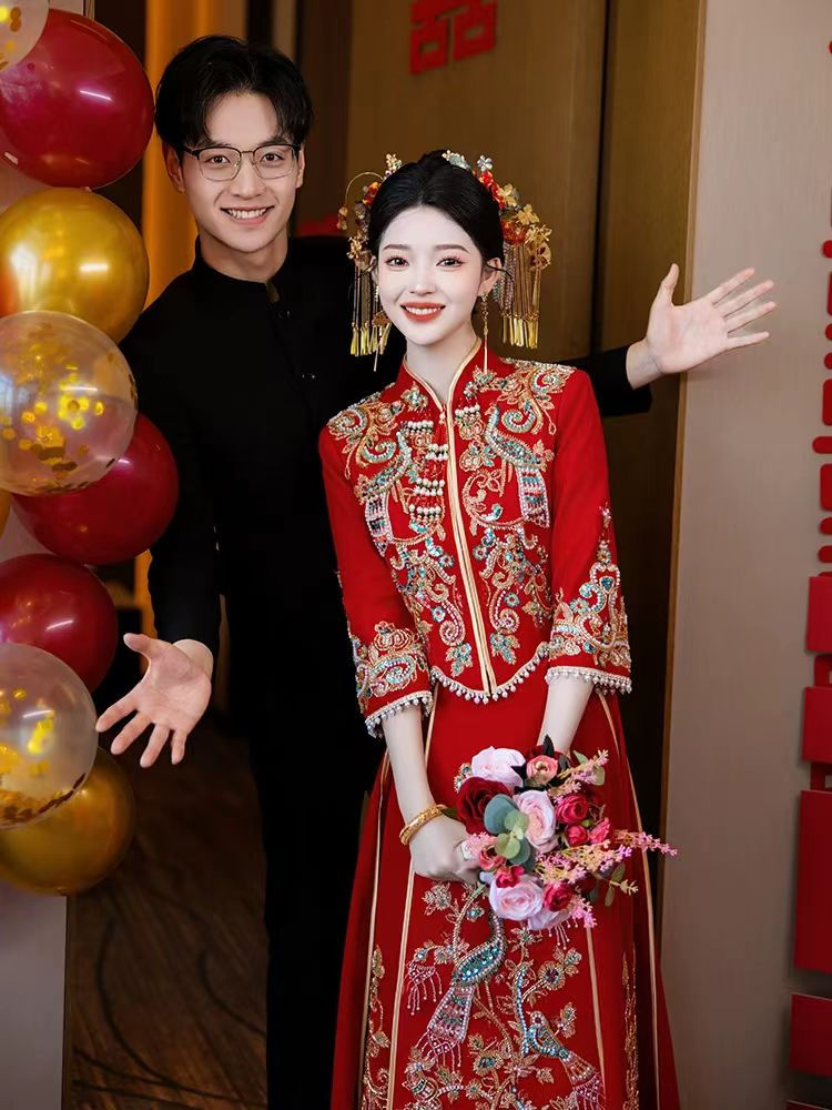 77037 Velvet Xiuhefu Wedding Dress Style Chinese Bridal Gown, Petite Sizes Avai