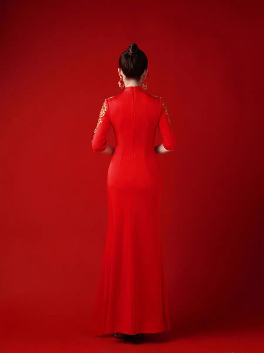Thumbnail: 11409 ZiYuanXuan Sexy Deep V-Neck Long Gown – Heavy Embellished Beading Elegant