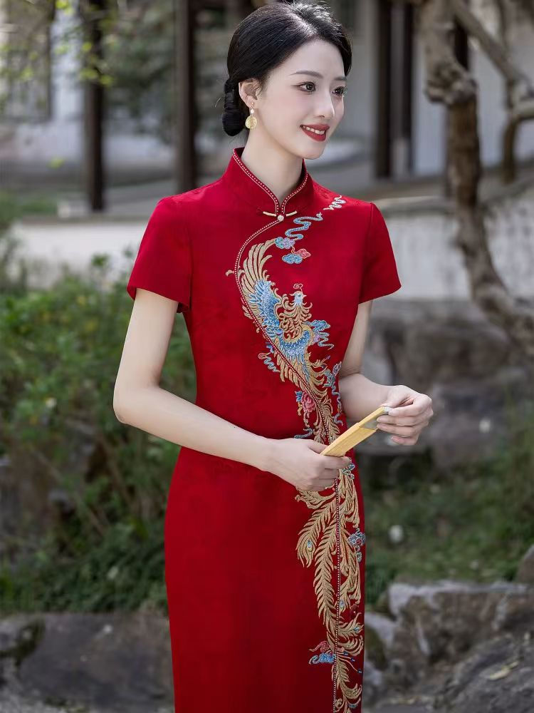 Thumbnail: 66055 High-End Embroidered Phoenix Red Acetate Cheongsam, Chinese-Style Wedding
