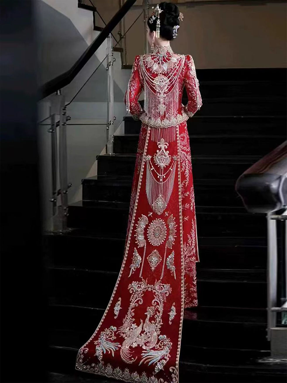 Thumbnail: 55007 Style Red Embroidered Train Xihe Dress, Chinese Bridal Gown with Dragon an