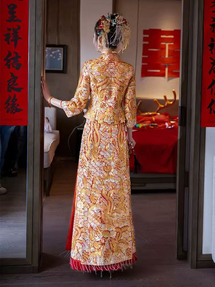Thumbnail: 66005 Fully-Embroidered Golden Dragon and Phoenix Kwa Xiuhe Suit, Petite Wedding